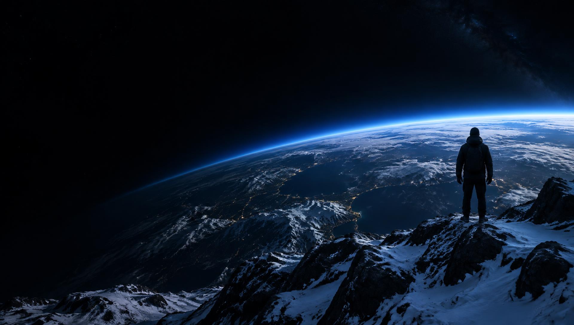 A person standing above Earth's illuminated horizon